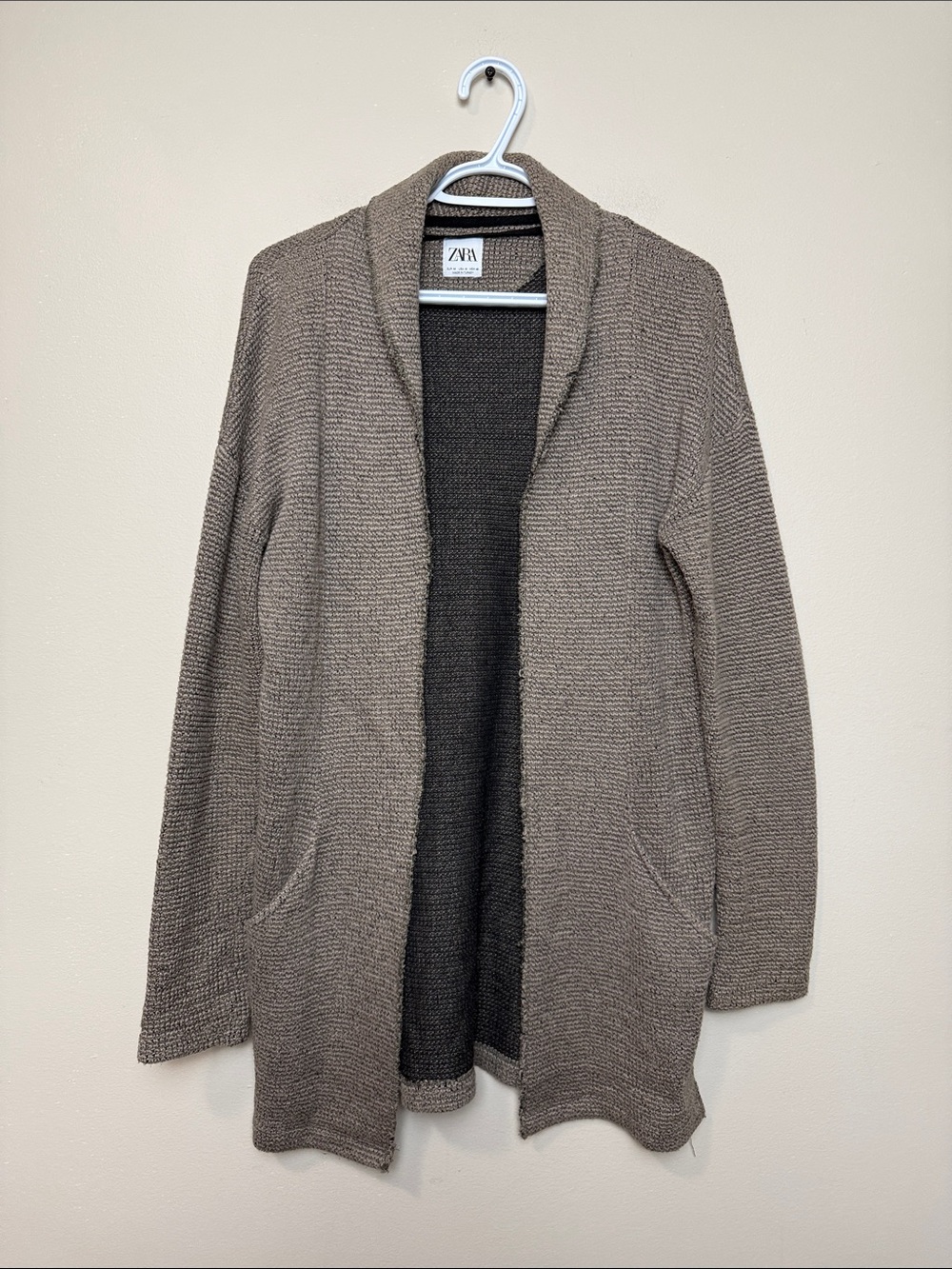 Zara Taupe Open-Front Knit Cardigan with Shawl Collar size M
